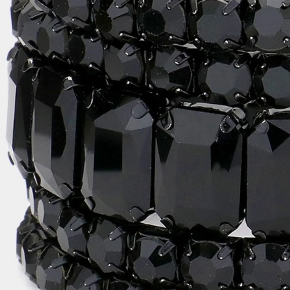 Black Emerald Cut Crystal Wide Stretch Bracelet 5 Pcs Bling 1.75 Inches